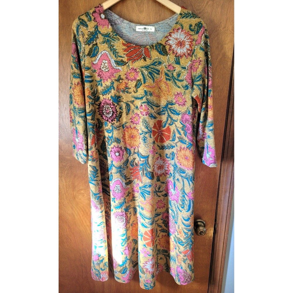 Natural Life Womens Floral Print Knit 3/4 Sleeve Midi Dress Pockets Size Large